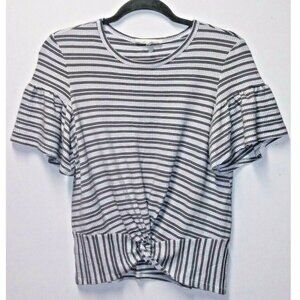 Pullover crop-top textured stretch Sz S striped sage green cream knit ruffled